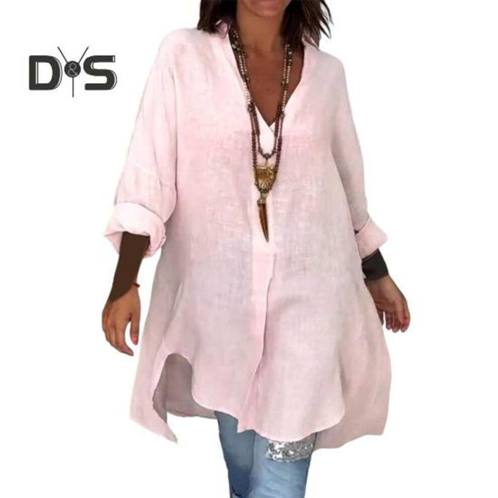 (L, pink) Women Shirt V-neck Long Sleeve Side Split Hem Pullover Tops Solid Color Loose Fit Summer Shirt Daily Wear