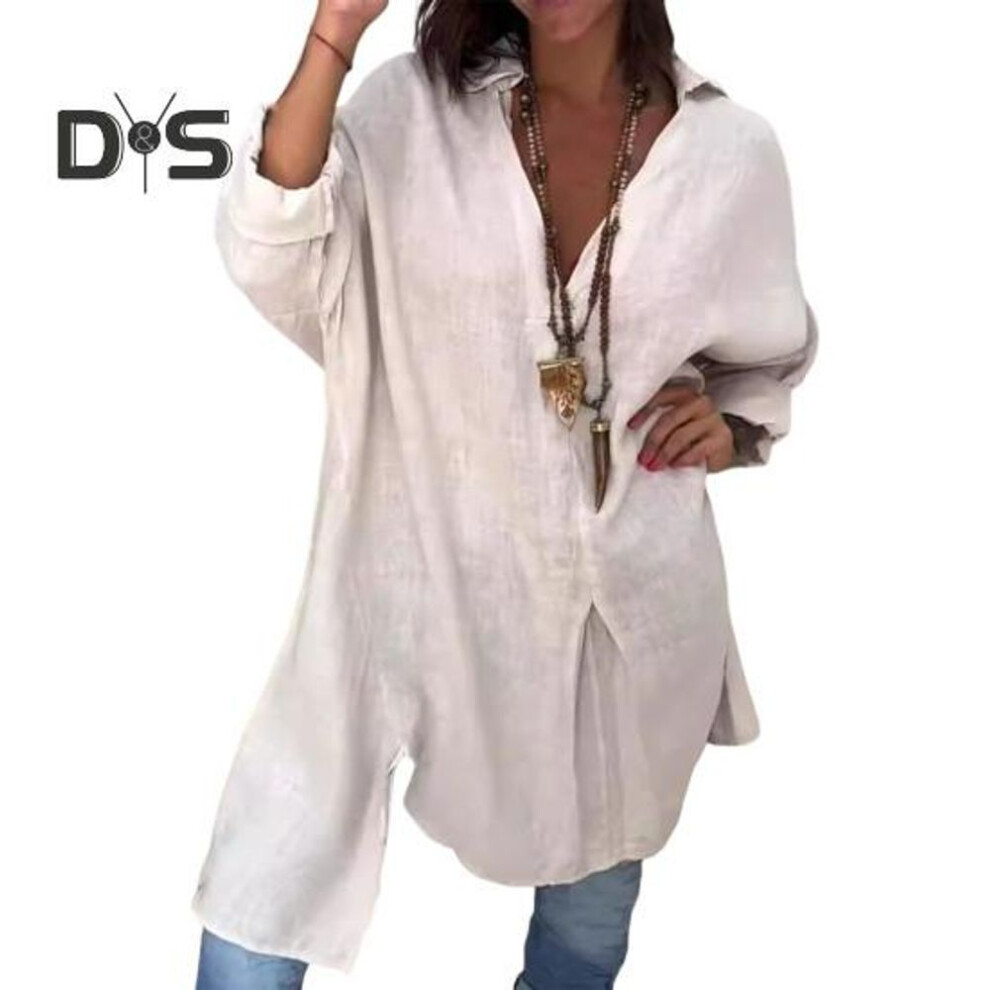 (2XL, khaki) Women Shirt V-Neck Long Sleeve Side Split Hem Pullover Tops Solid Color Loose Fit Summer Shirt Daily Wear