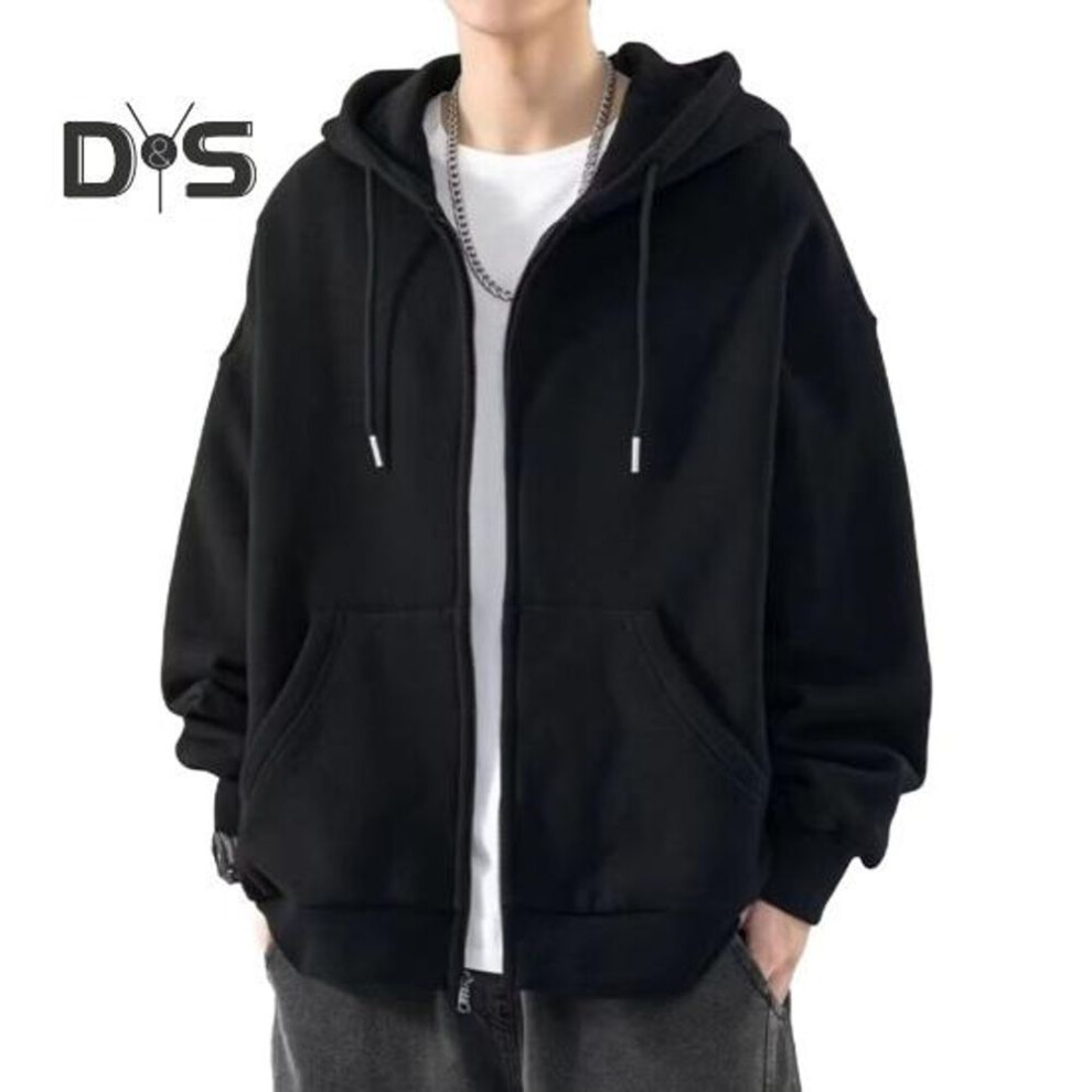 (black, 4XL) Men Fall Winter Hoodie Drawstring Loose Zip-up Long Sleeves Pockets Hooded Plus Size Cardigan Thin Pure Color Daily Wear Casual Coat