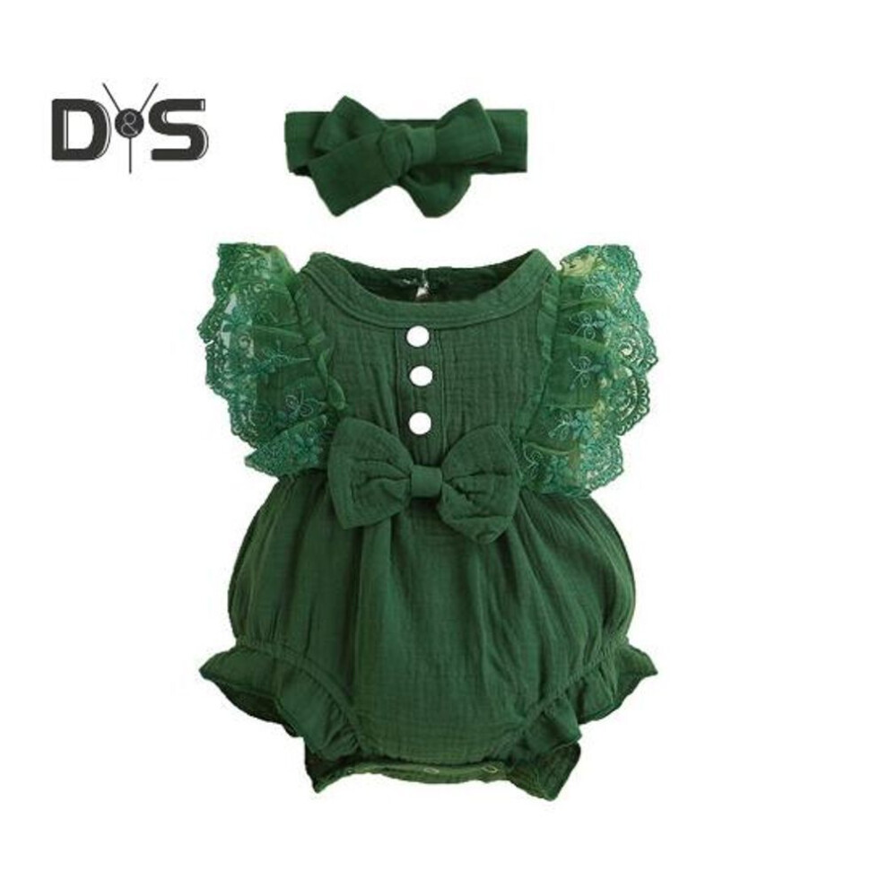 (green, 12-18M) Newborn Bow-knot Jumpsuit Lace Ruffle Sleeve Bodysuit for 0-12 Months Baby Girl Round Neck Romper with Snap Buttons Infant Summer Outfit for Photos
