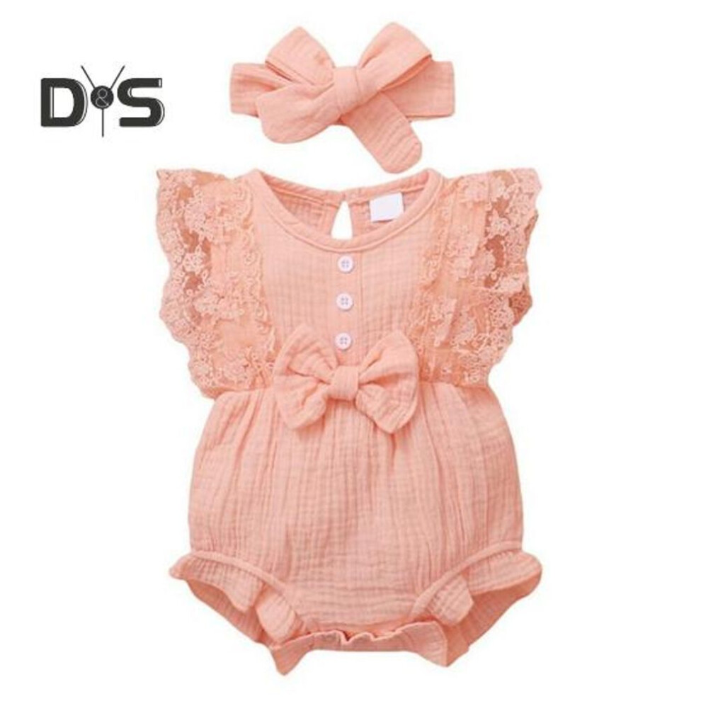 (pink, 3-6M) Newborn Bow-knot Jumpsuit Lace Ruffle Sleeve Bodysuit for 0-12 Months Baby Girl Round Neck Romper with Snap Buttons Infant Summer Outfit for Photos