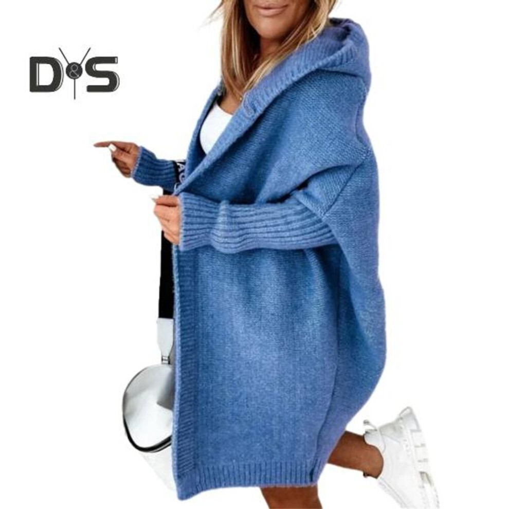 (XL, blue) Women Sweater Coat Hooded Long Sleeve Ribbed Cuffs Open Front Knitting Coat Solid Color Mid-length Sweater Cardigan