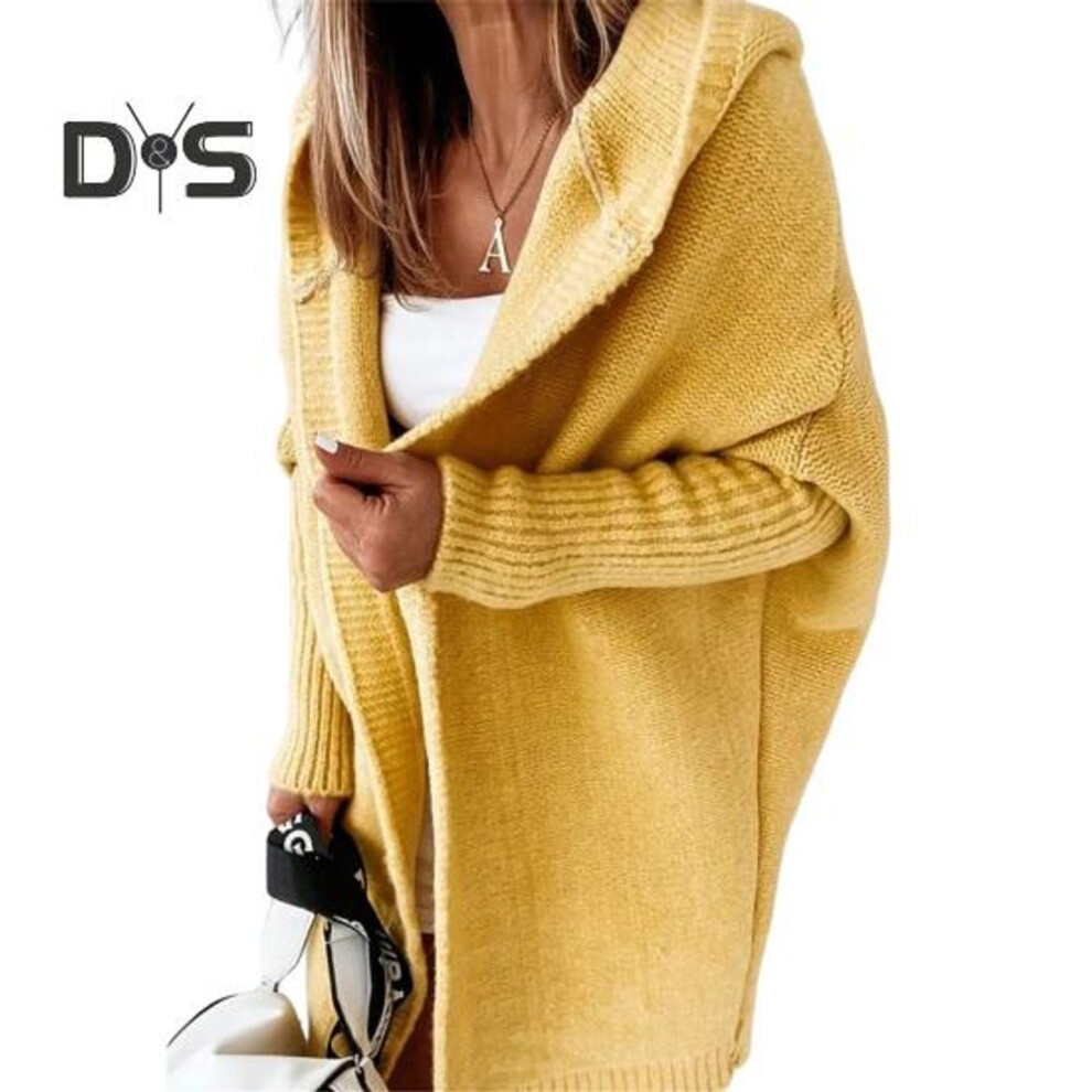 (L, yellow) Women Sweater Coat Hooded Long Sleeve Ribbed Cuffs Open Front Knitting Coat Solid Color Mid-length Sweater Cardigan