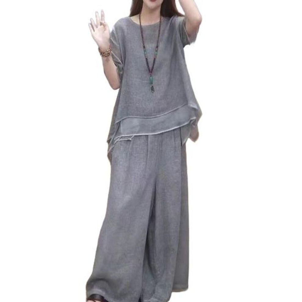 (grey, 3XL) 2 Pcs/set Women Top Pants Set Round Neck Half Sleeves Irregular Hem Blouse