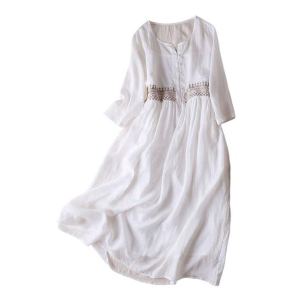(white, M) Spring Summer Dress Embroidery Ninth Sleeve Loose Midi Dress Round Neck Lightweight Dress