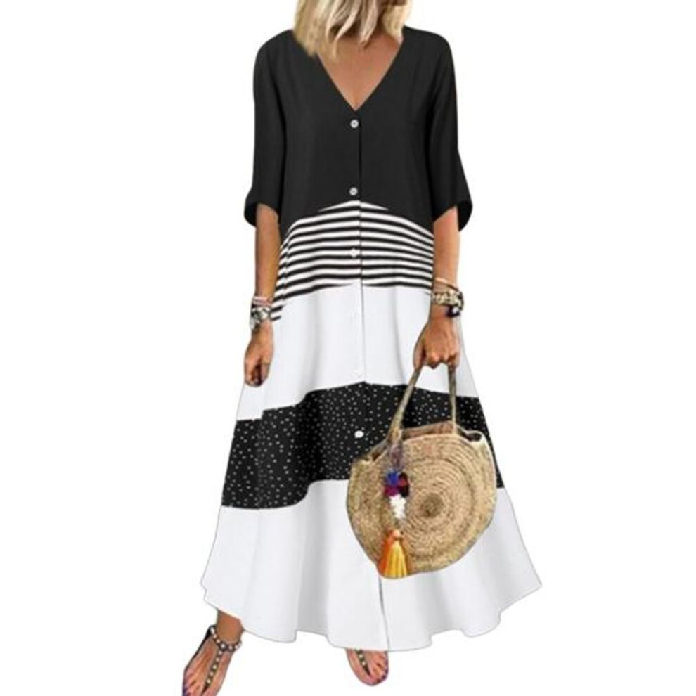 (black, 3XL) Summer Maxi Dress Contrast Color Maxi Dress Striped Single-breasted A-line Big Swing Short
