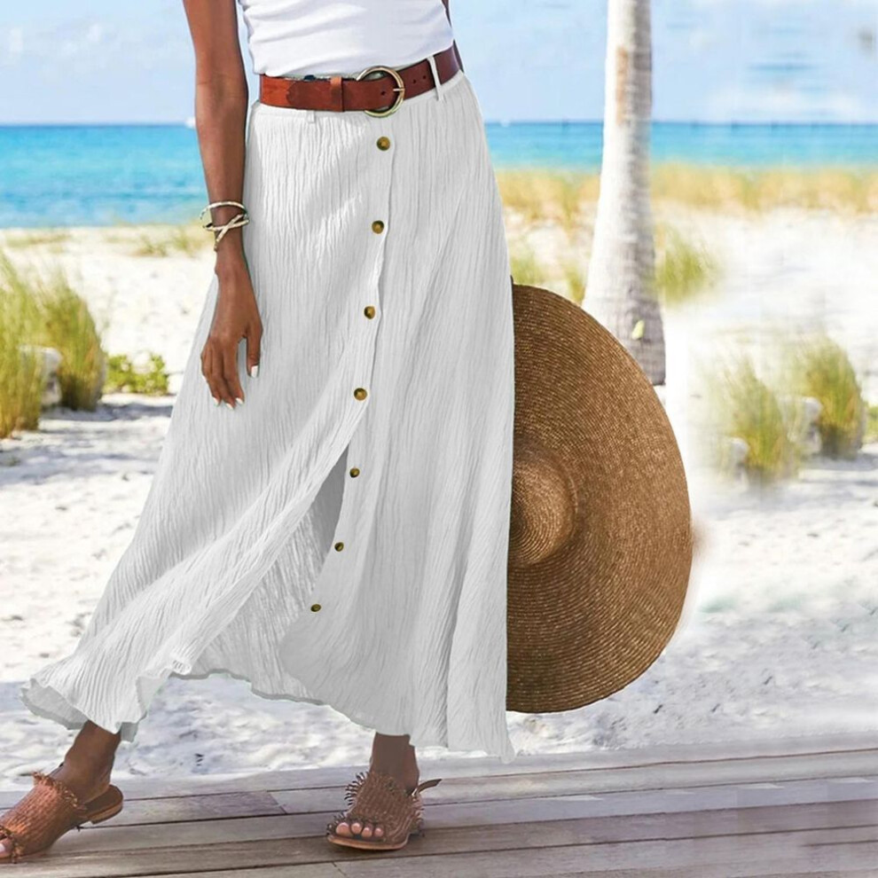 (M, white) Midi Skirts For Women,bohemian Skirt High Waist Party Beach Button Skirt