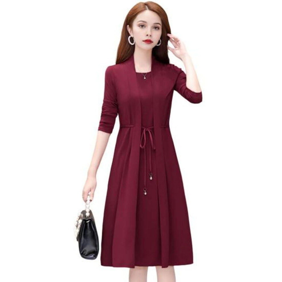 (wine red, XL) Lady Dress Fake Two-piece Formal Elegant Style Lace-up Strap Plus Size Long Sleeve