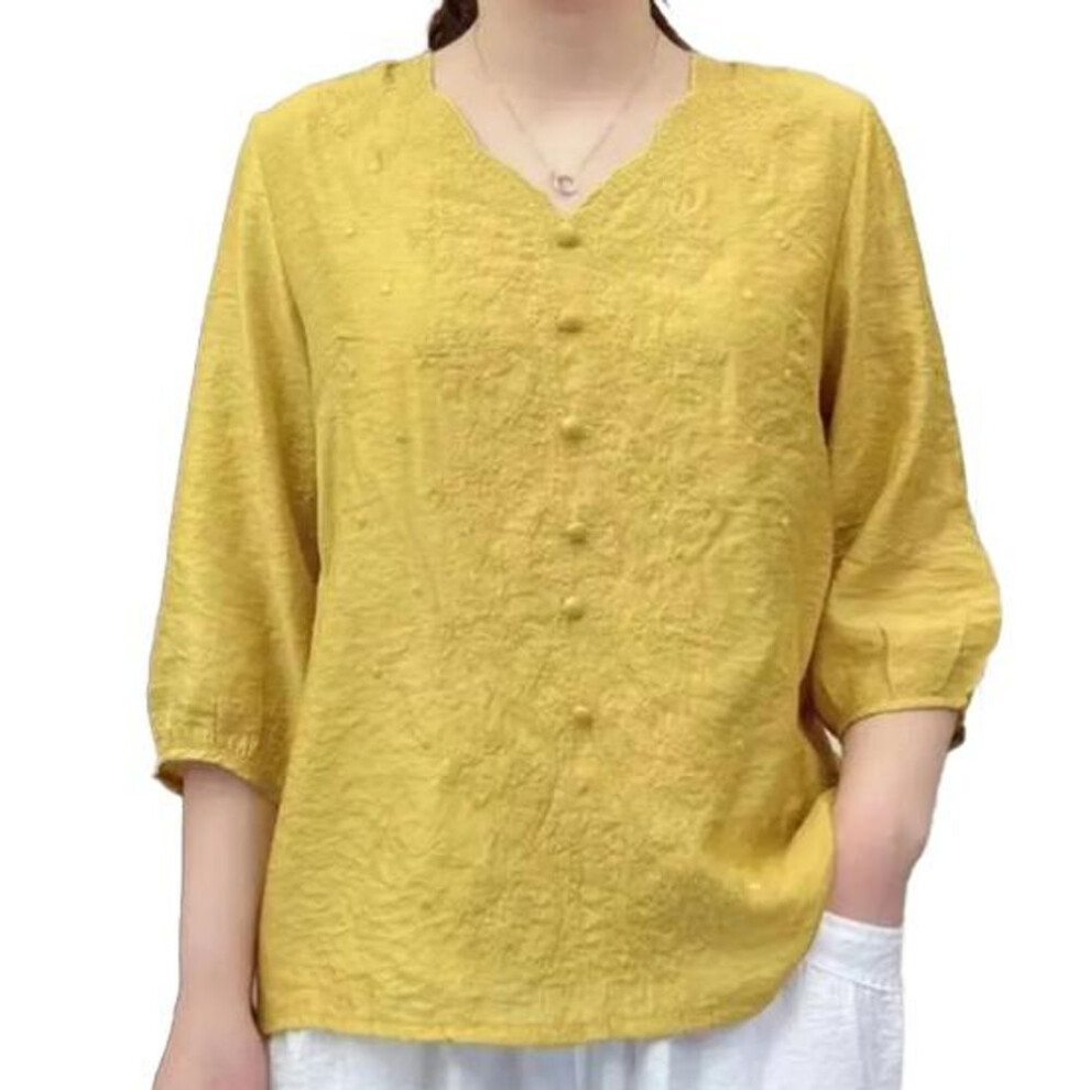 (5XL, yellow) Women Shirt V-neck Half Sleeve Embroidery Floral Pattern Loose Fit Tops Solid Color