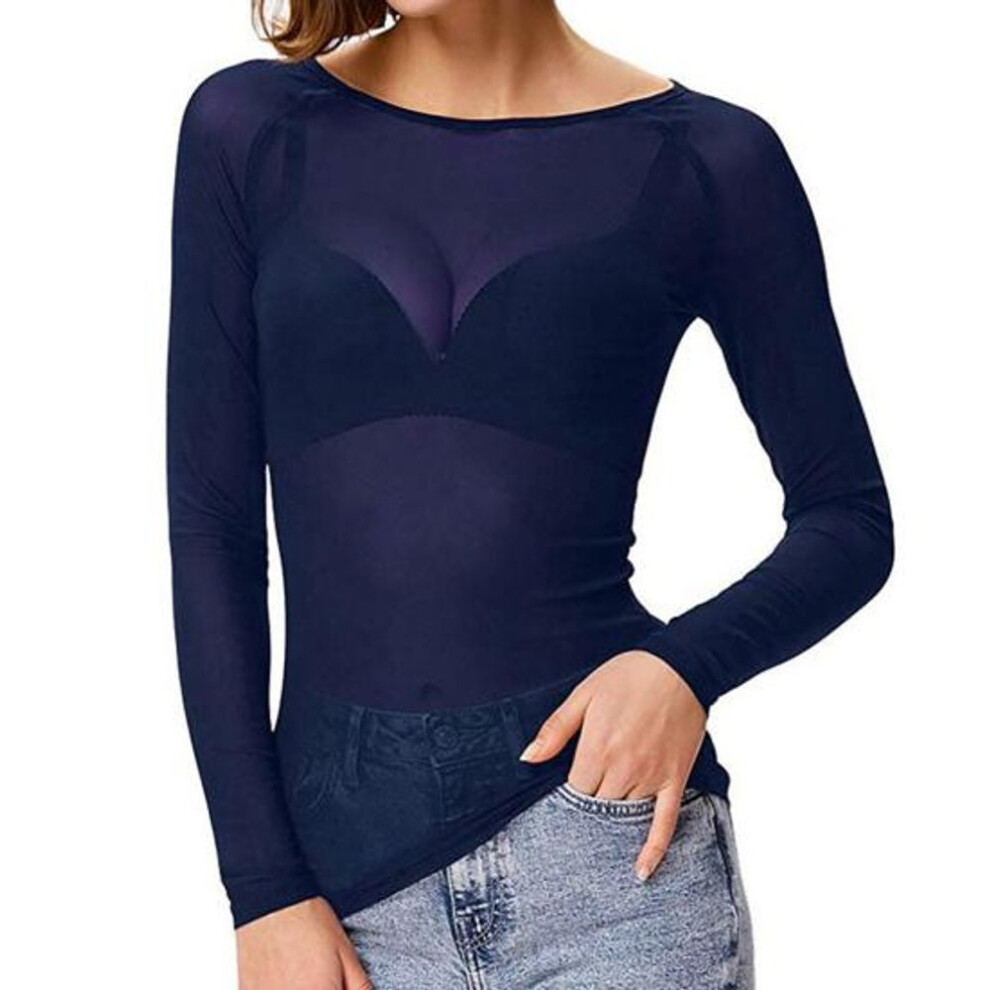 (3XL, blue) Women T-shirt Round Neck Long Sleeve Slim Fit Pullover Tops See-through Mesh Yarn