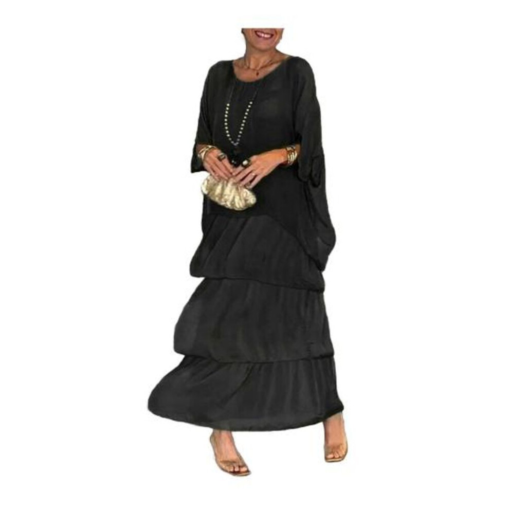 (black, XL) Evenig Dress Layered Scattered Cake Hem Half Sleeves Maxi Dress Bat Sleeves Baggy