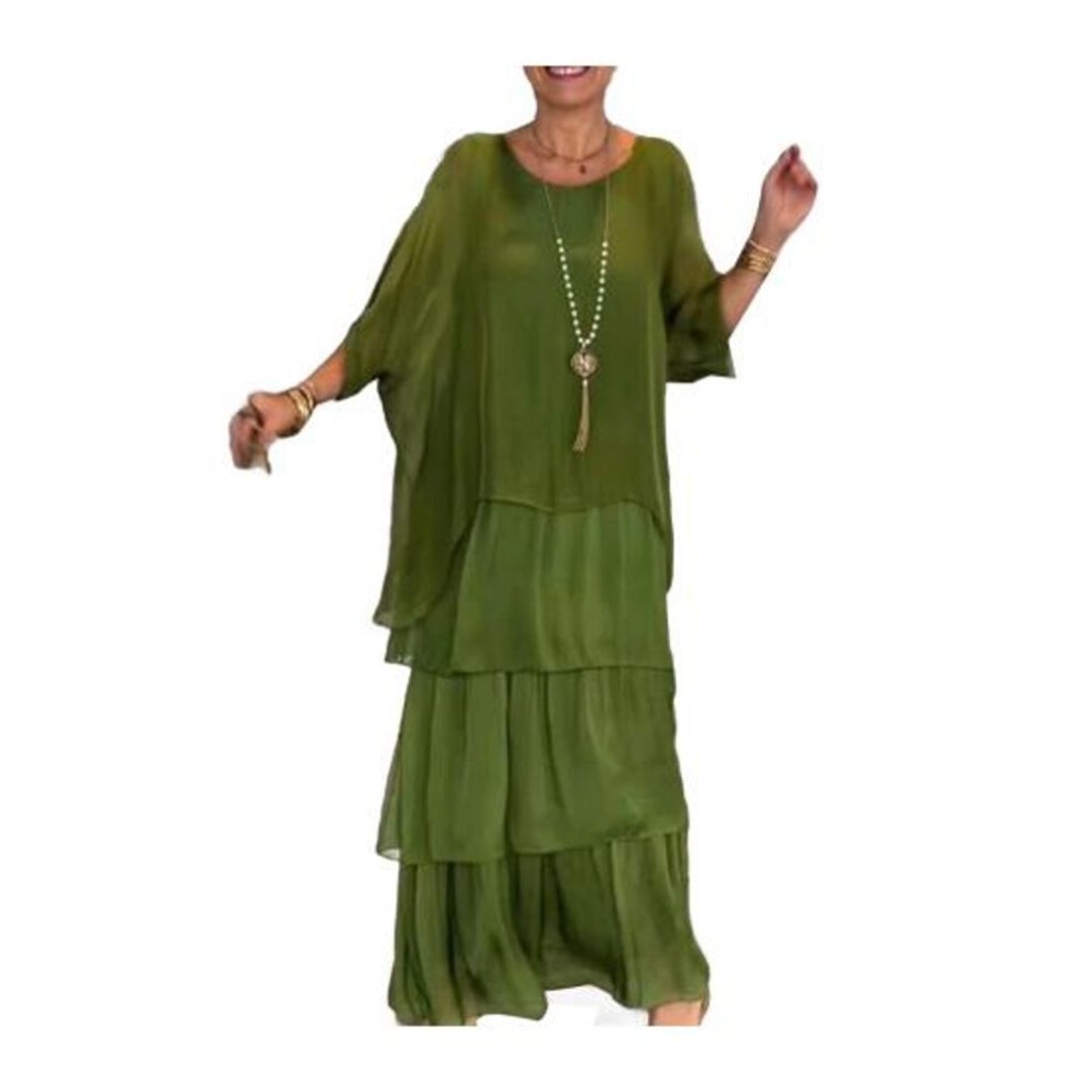 (dark green, S) Evenig Dress Layered Scattered Cake Hem Half Sleeves Maxi Dress Bat Sleeves Baggy