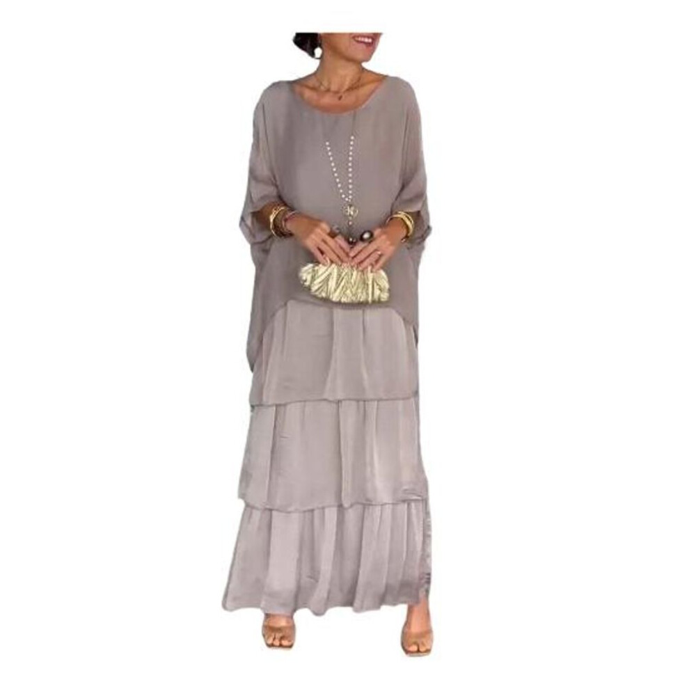 (grey, M) Evenig Dress Layered Scattered Cake Hem Half Sleeves Maxi Dress Bat Sleeves Baggy
