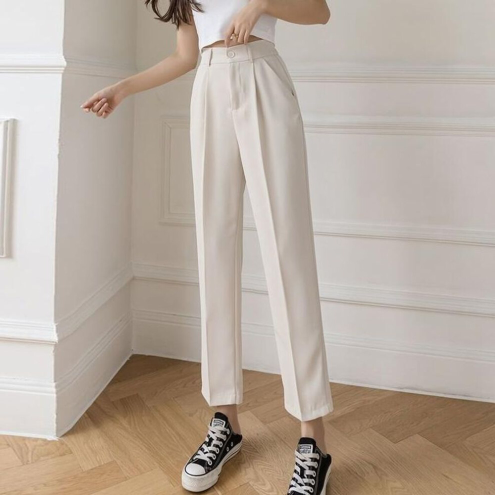 (beige, XL) Women Suit Pants Straight Loose High Waist Points Casual Cigarette Pants