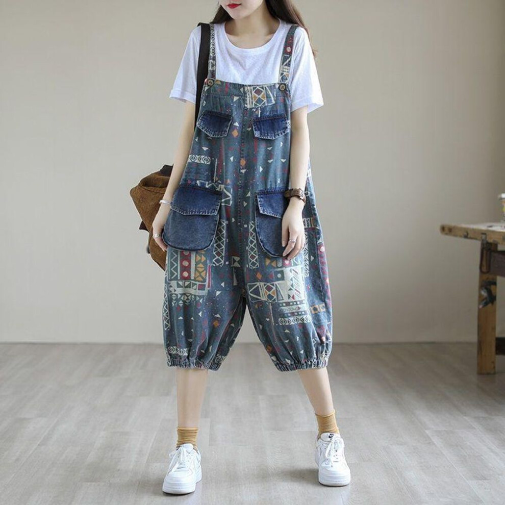(2XL, blue) Summer Autumn Denim Jumpsuits For Women Korean Vintage Printed Oversized Overalls Female Clothing Casual Loose Cropped Trousers