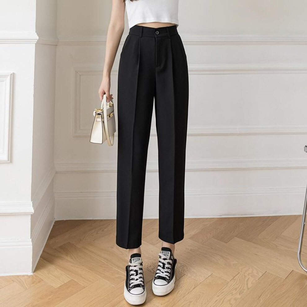 (black, L) Women Suit Pants Straight Loose High Waist Points Casual Cigarette Pants