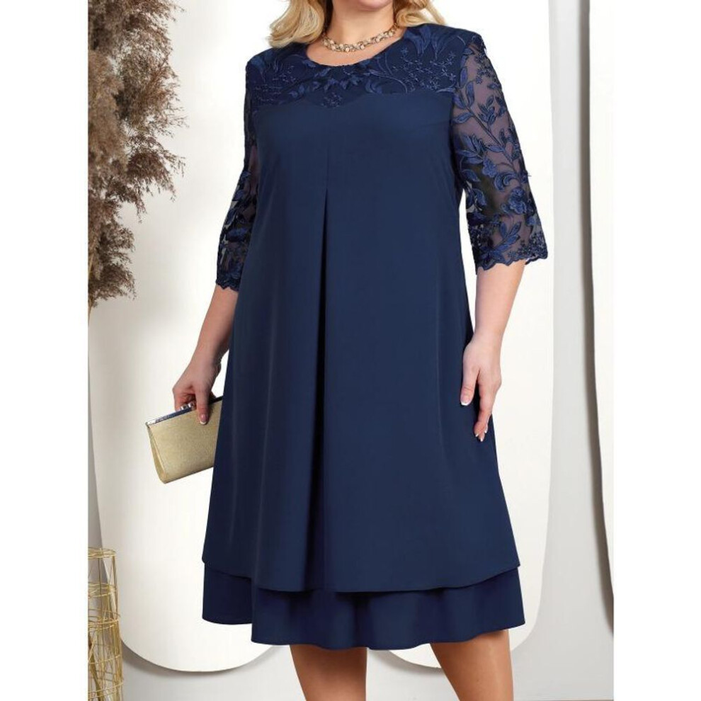 (navy blue, 4XL) Plus Size Summer Dresses For Women  Embroidery Floral Patchwork Formal Dress Loose Wedding Party Banquet Prom Women Clothing