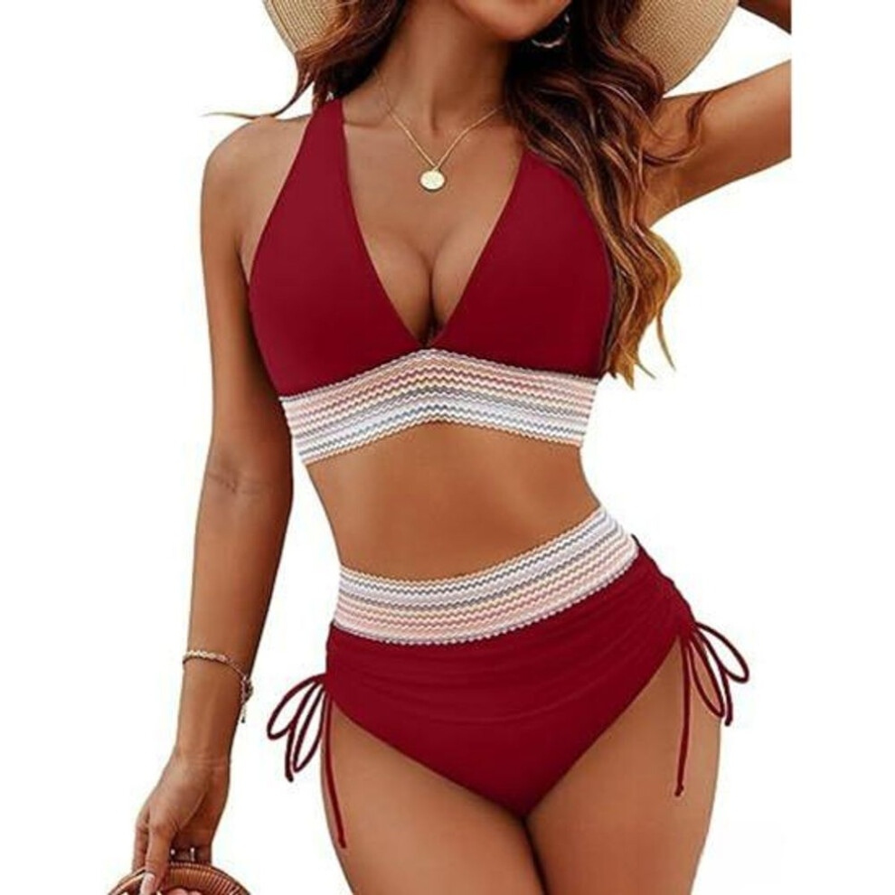 (S, wine red) 2Pcs/Set Women Bikini Set Sexy Deep V-Neck Swimming Bra High Waist Swimming Trunks