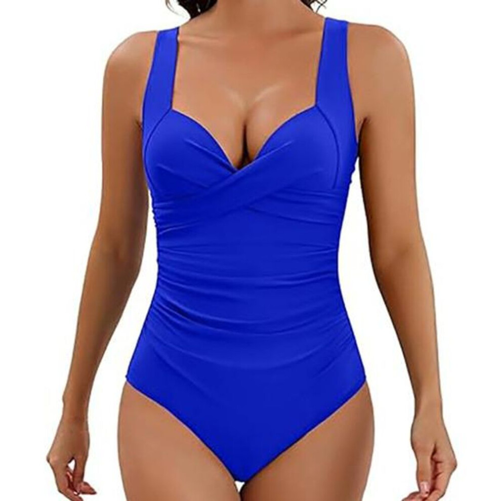 (XL, royal blue) Women Monokini V-Neck Sling Sleeveless One-piece Swimsuit with Adjustable Suspenders Backless High Waist