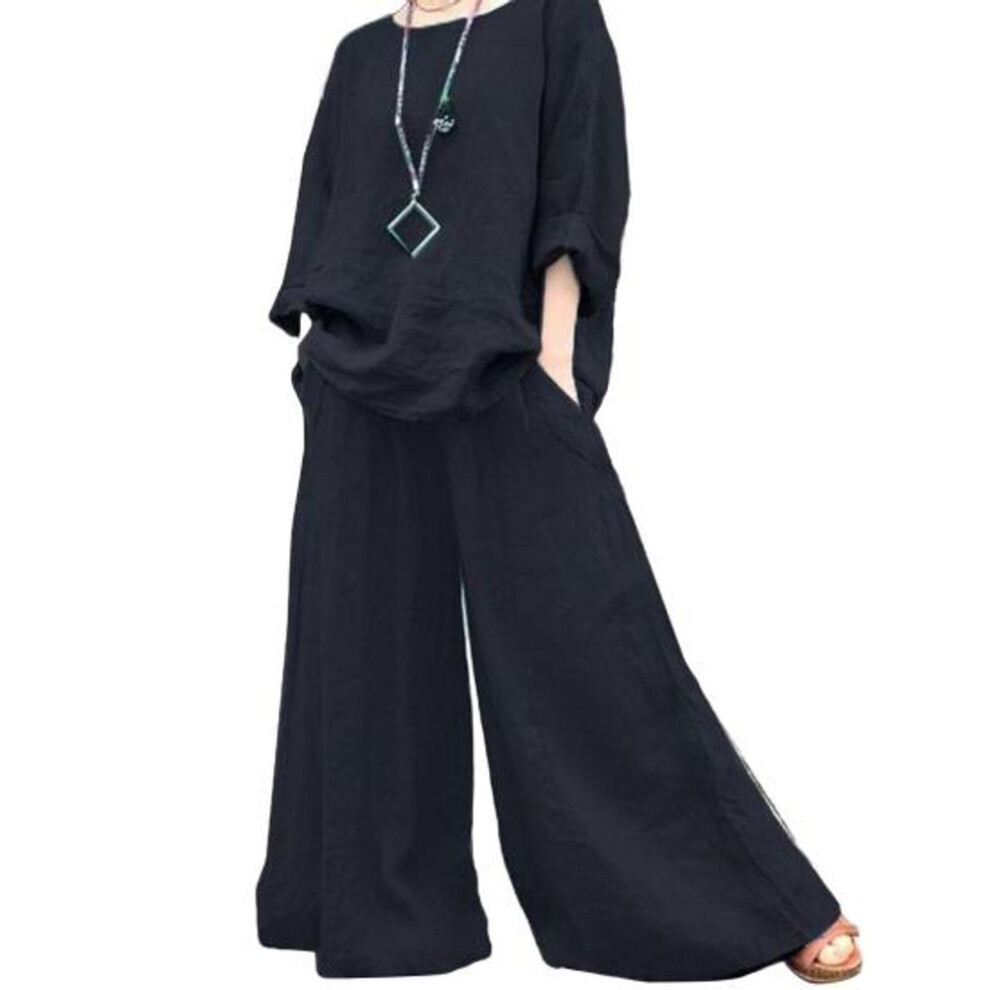 (black, XL) 2 Pcs/set Women Top Pants Set Round Neck Retro Long Sleeves Blouse Wide