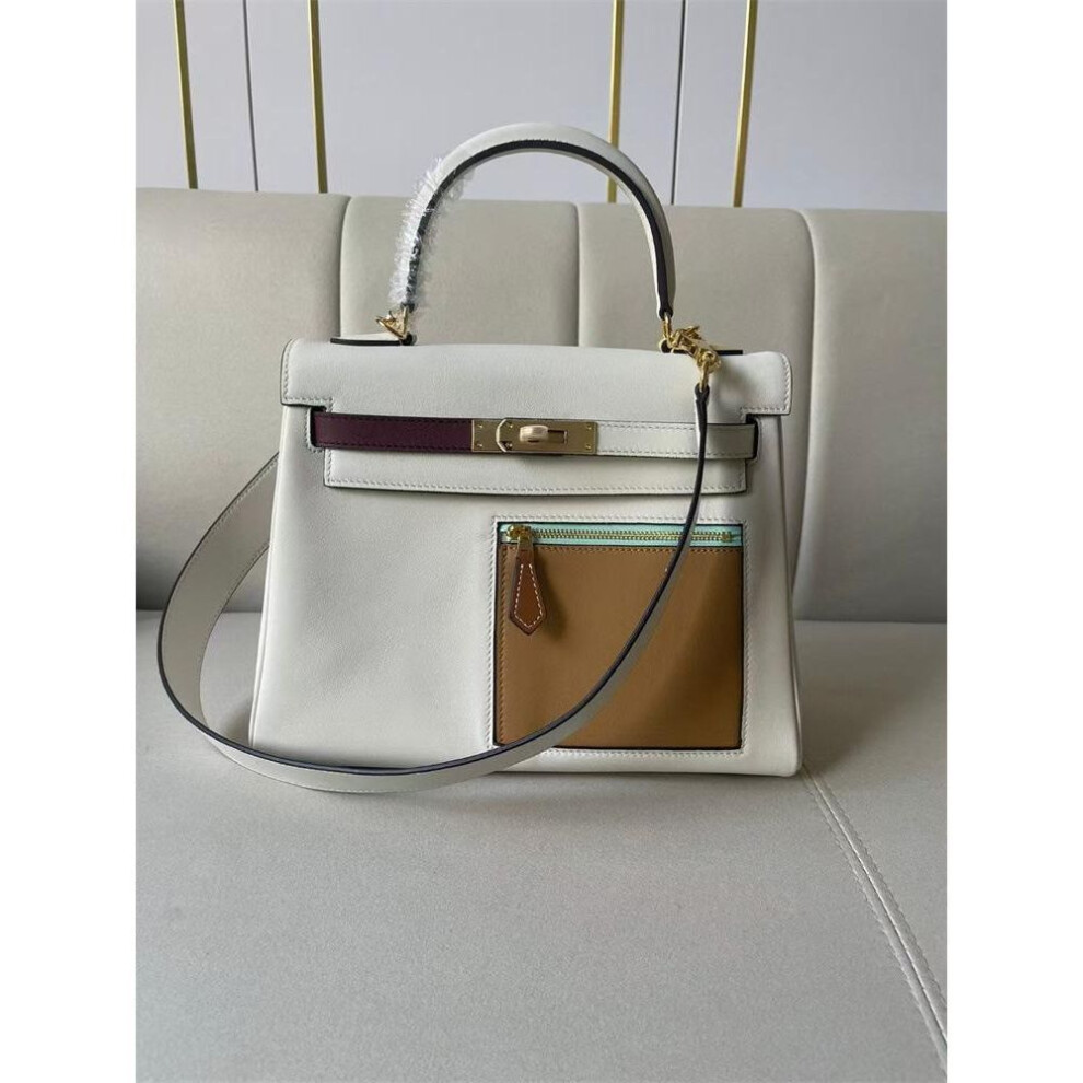 (white, 28x13x20cm) New Women's Bag Pocket 28 Splicing Color Blocked Top Layer Cowhide Inner Seam Bag Shoulder Crossbody Handbag