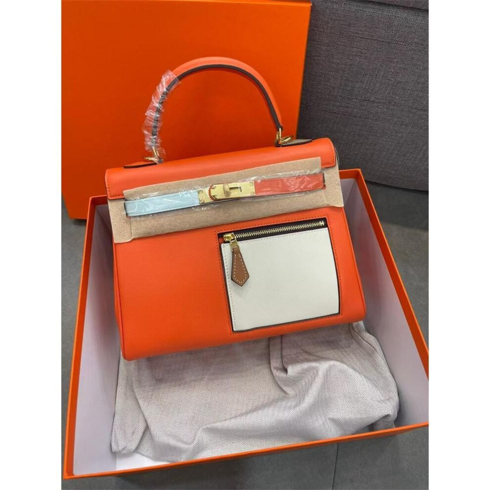 (orange, 25x10x16cm) New Women's Bag Pocket 28 Splicing Color Blocked Top Layer Cowhide Inner Seam Bag Shoulder Crossbody Handbag