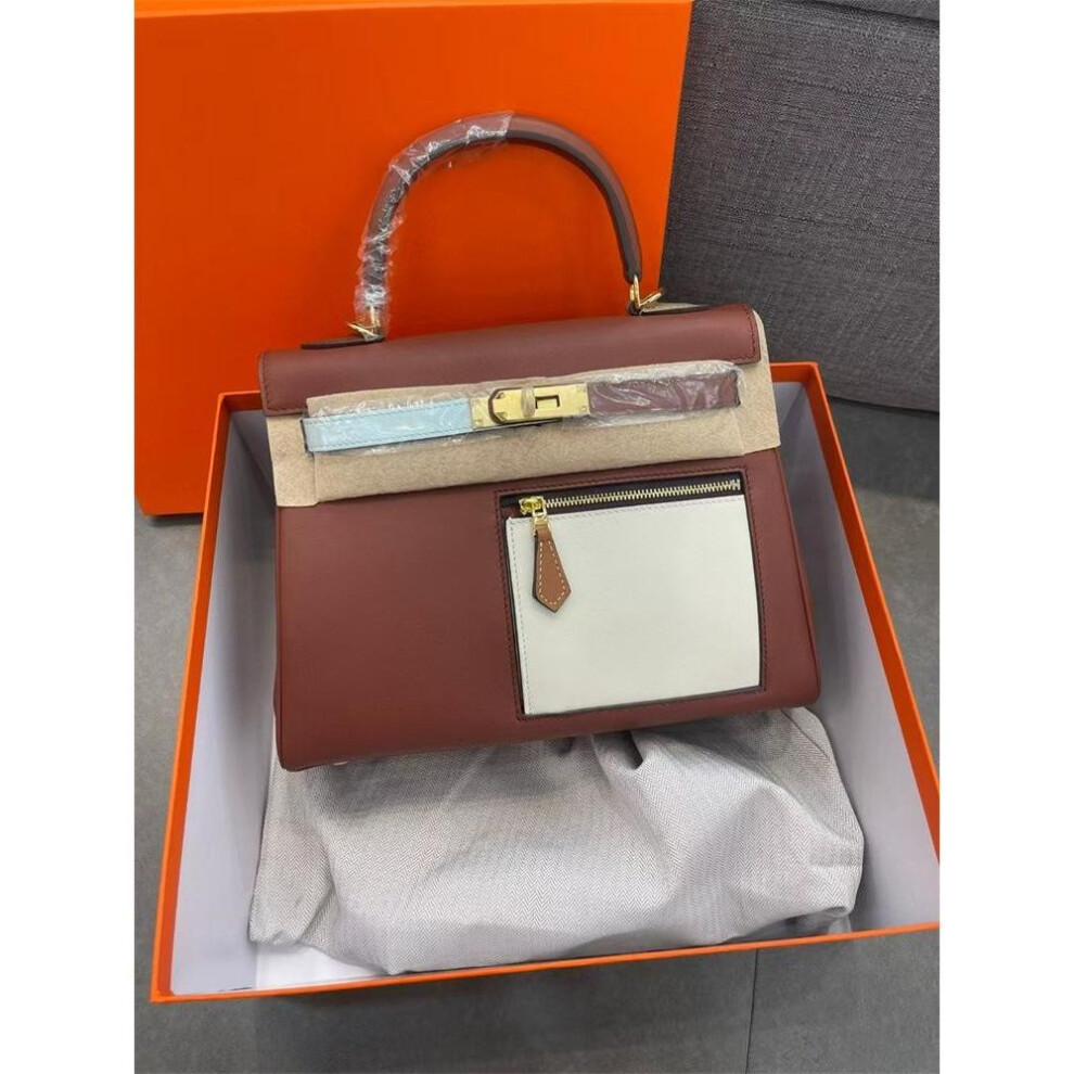 (wine red, 25x10x16cm) New Women's Bag Pocket 28 Splicing Color Blocked Top Layer Cowhide Inner Seam Bag Shoulder Crossbody Handbag