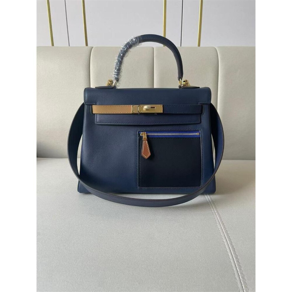 (blue, 28x13x20cm) New Women's Bag Pocket 28 Splicing Color Blocked Top Layer Cowhide Inner Seam Bag Shoulder Crossbody Handbag
