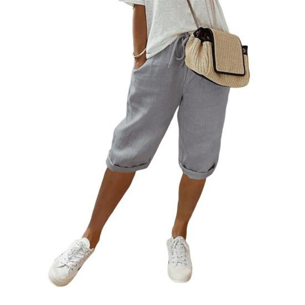 (light grey, L) Women Pants Loose Drawstring Elastic Waist Casual Solid Color Pocket Design Knee Length