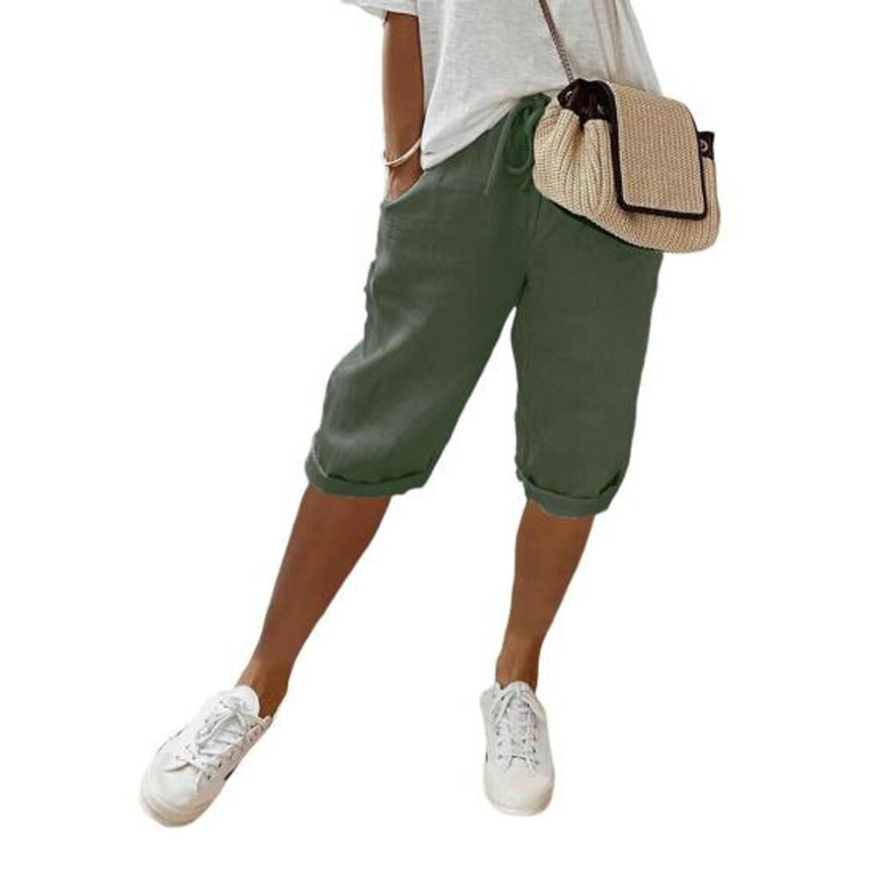 (army green, XL) Women Pants Loose Drawstring Elastic Waist Casual Solid Color Pocket Design Knee Length