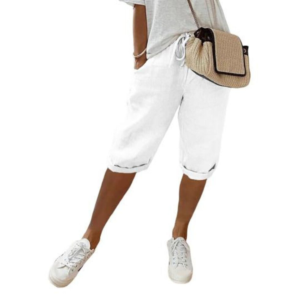 (white, M) Women Pants Loose Drawstring Elastic Waist Casual Solid Color Pocket Design Knee Length