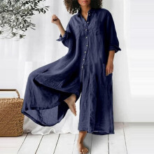 (XXL, dark blue) Women's Fashion Loose Casual Solid Color 3/4 Sleeve V-Neck Button Temperament Jumpsuit