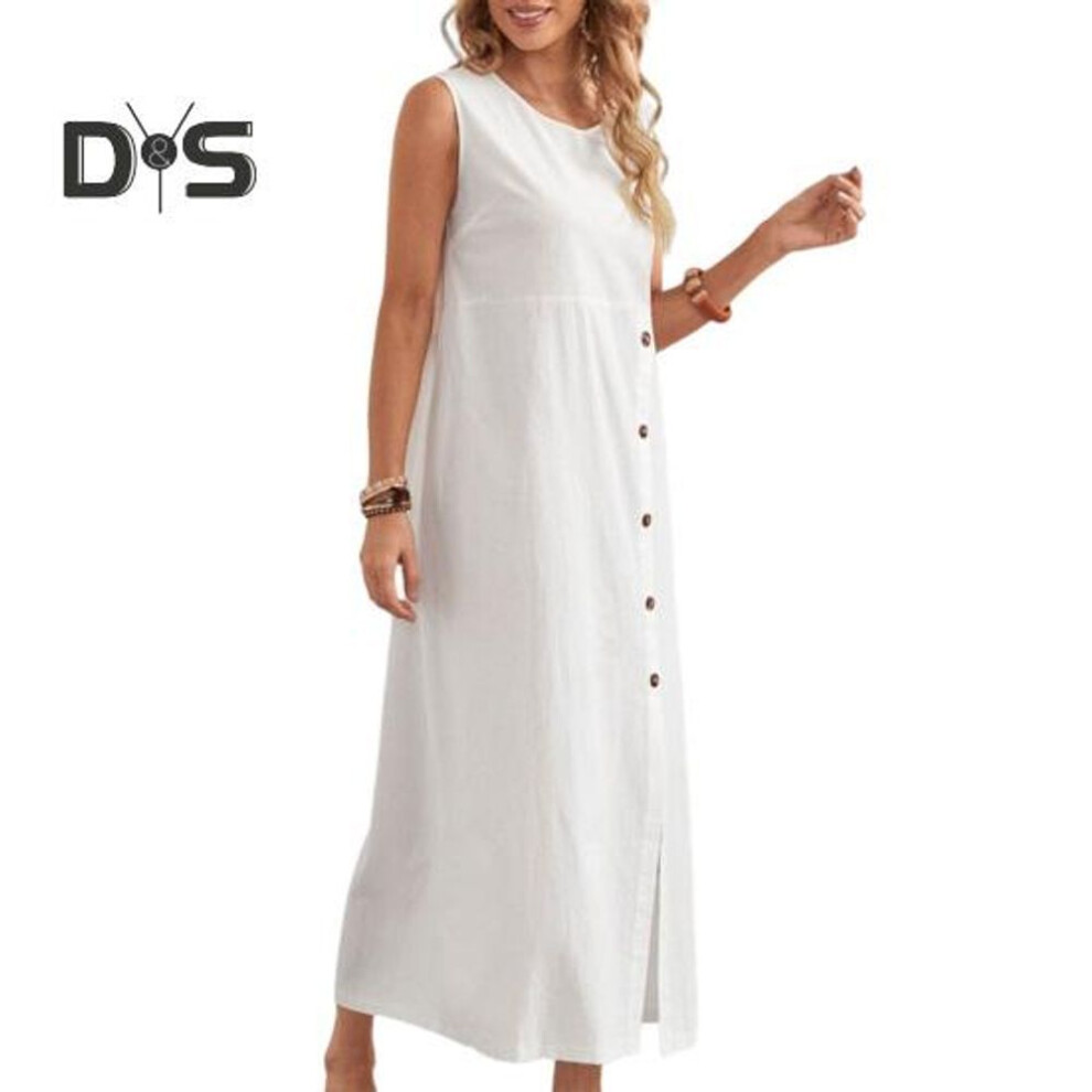 (white, S) Women's Cotton Linen Tank Dress Casual Sleeveless Buttoned Crewneck Maxi Dress Summer Loose Split Beach Sundress