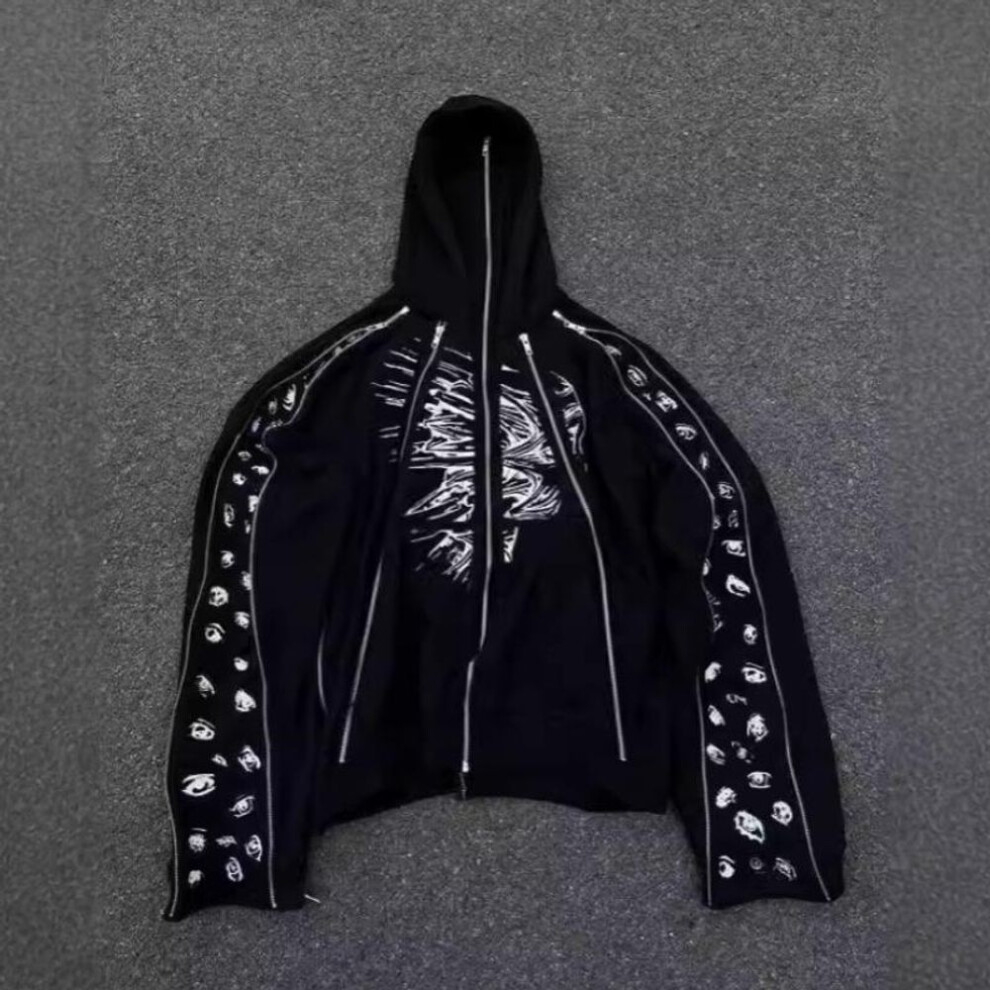 (XL, black) European and American Street Trendy Dark Harajuku Y2K Multi Zipper Hat Loose Men's and Women's Hoodies