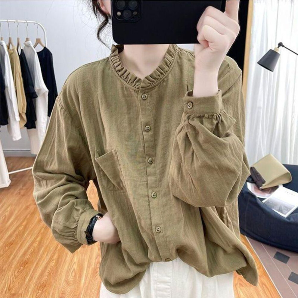 (XXL, yellow) Women Pure Cotton Long Sleeved Shirt for Women Spring Autumn Loose Retro Top Pleated Base Shirt