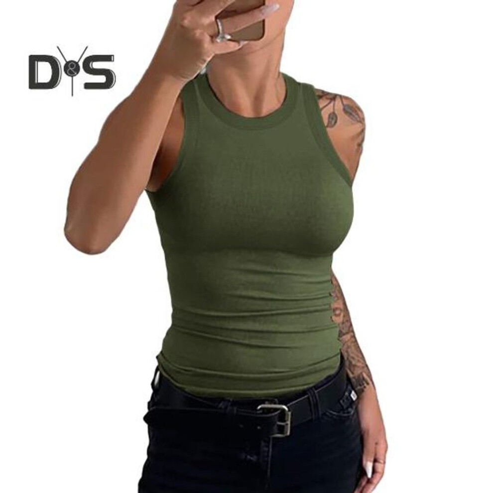 (XL, army green) Women Vest Round Neck Sleeveless Elastic Slim Fit Tops Solid Color Sport Camisole Summer Gym Fitness Tops