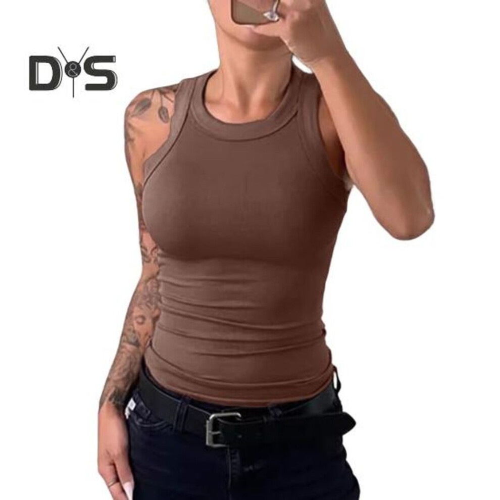 (XL, coffee) Women Vest Round Neck Sleeveless Elastic Slim Fit Tops Solid Color Sport Camisole Summer Gym Fitness Tops