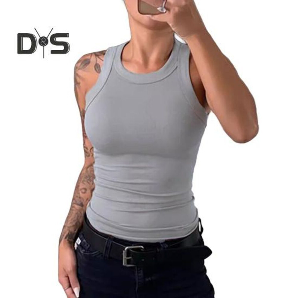 (2XL, grey) Women Vest Round Neck Sleeveless Elastic Slim Fit Tops Solid Color Sport Camisole Summer Gym Fitness Tops
