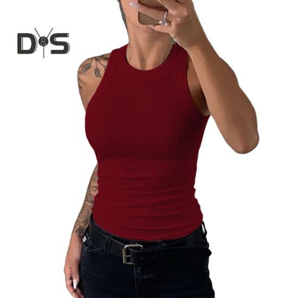 (XL, wine red) Women Vest Round Neck Sleeveless Elastic Slim Fit Tops Solid Color Sport Camisole Summer Gym Fitness Tops