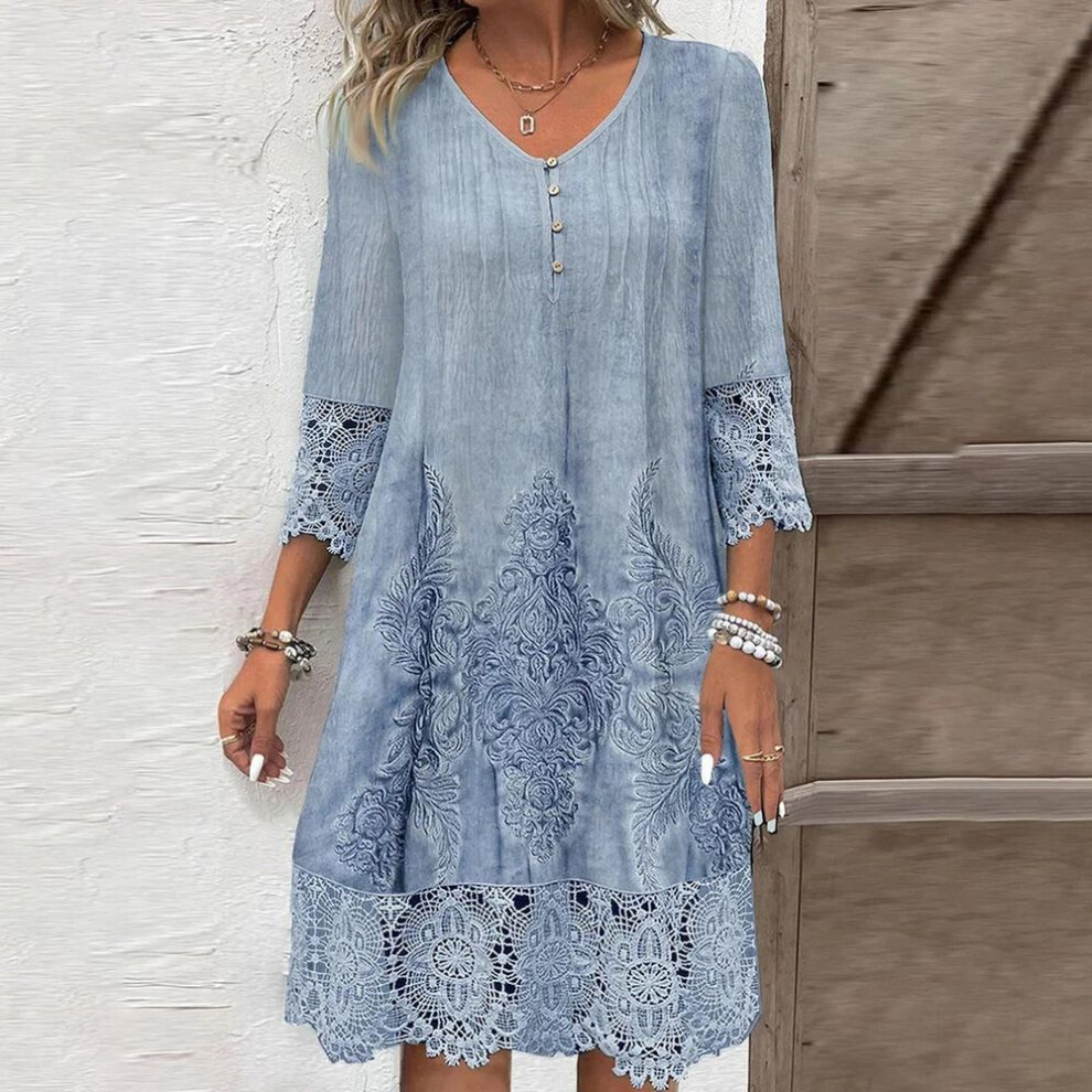 (blue, S) New Solid Color Lace Dress Spring Summer Women Fashion V-neck Button Loose Office Casual Dresses Female Holiday Robe Femme