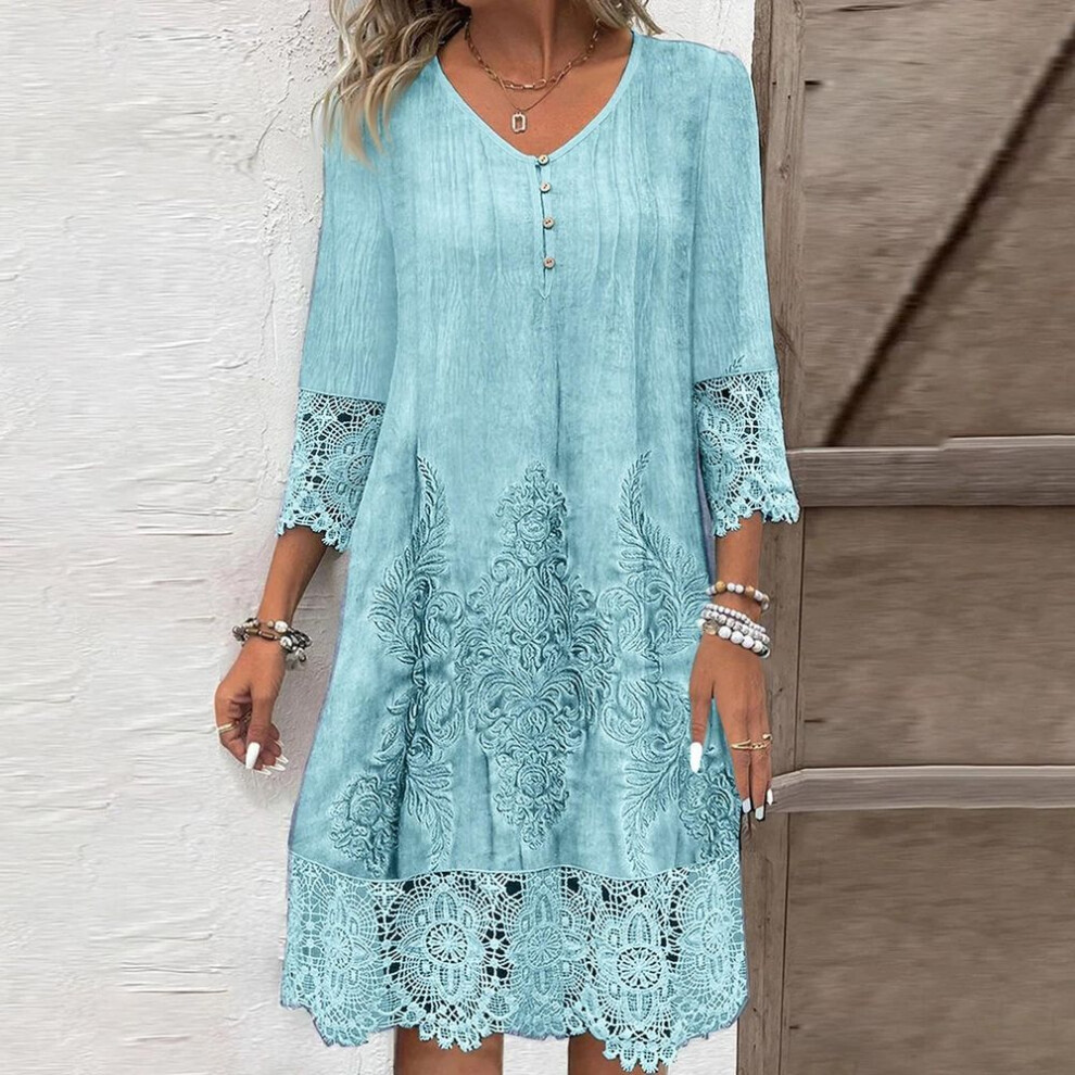 (green, XL) New Solid Color Lace Dress Spring Summer Women Fashion V-neck Button Loose Office Casual Dresses Female Holiday Robe Femme