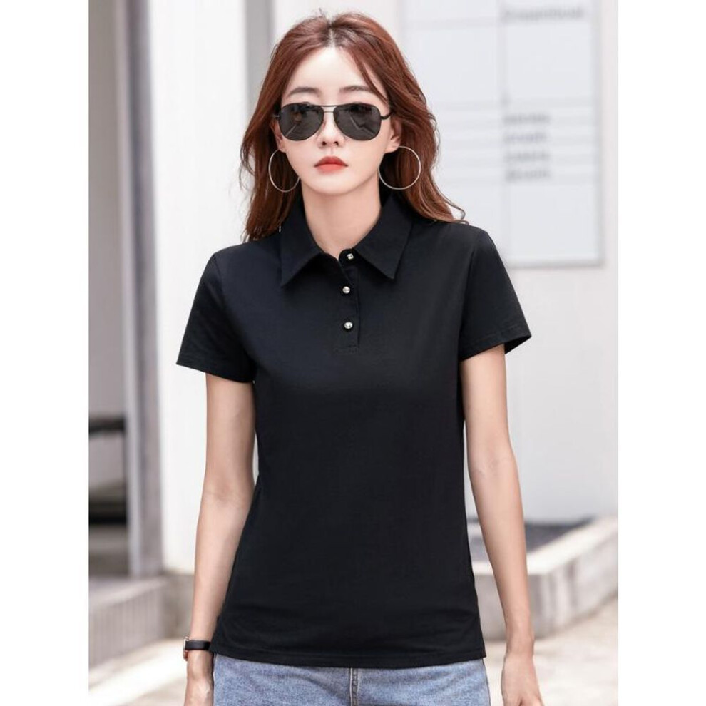 (S, black) Summer New Korean Style Slim Fit Button Turn-down Collar Short Sleeve T-shirt Women Shirt Simple Fashion Small Shirt