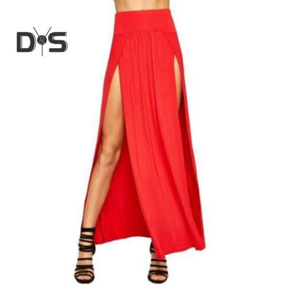 (S, red) Maxi Skirt Sexy High Waist Side Slit Design Floor Length Skirt Solid Color Beach Travel Parties Slimming Skirt