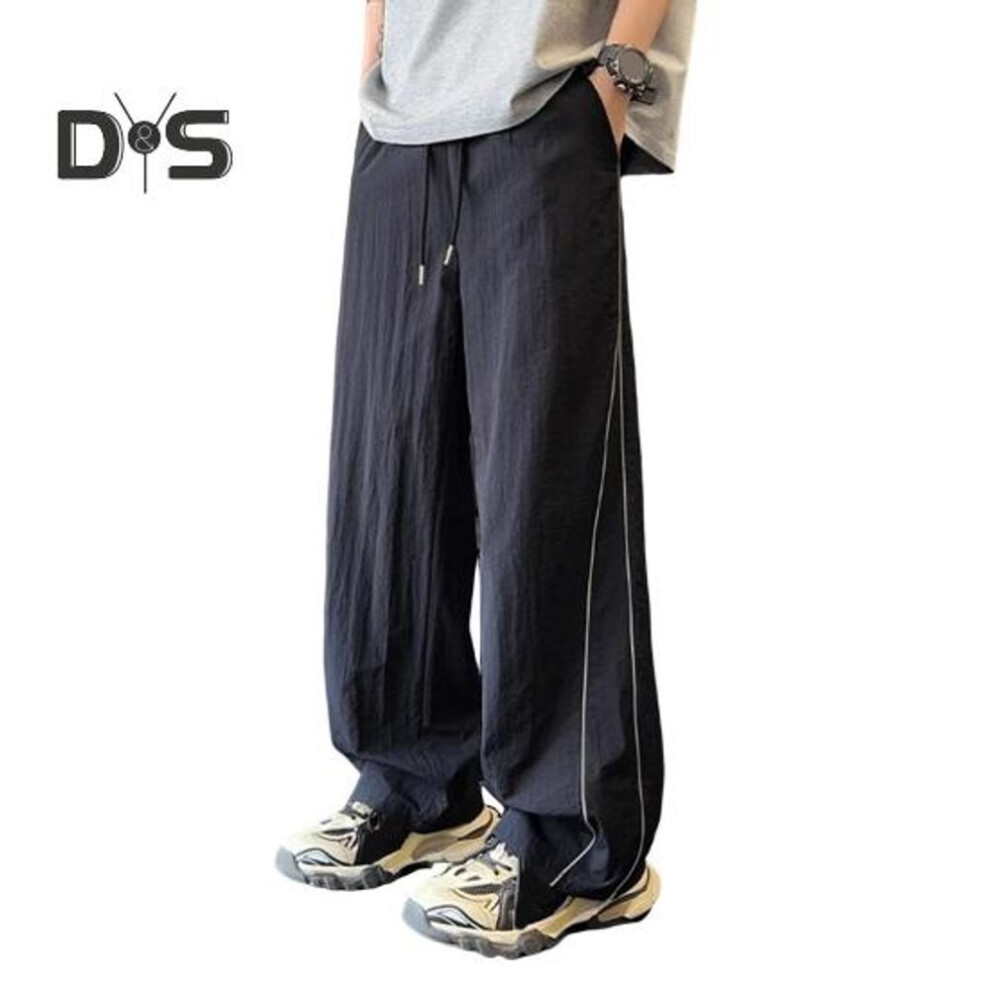 (black, XXXL) Men's Quick-dry Baggy Trousers Drawstring Waist Loose Fit Pants Lightweight Casual Trousers With Side Lines Decoration For Street Vacation