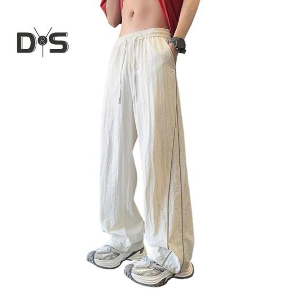 (white, L) Men's Quick-dry Baggy Trousers Drawstring Waist Loose Fit Pants Lightweight Casual Trousers With Side Lines Decoration For Street Vacation