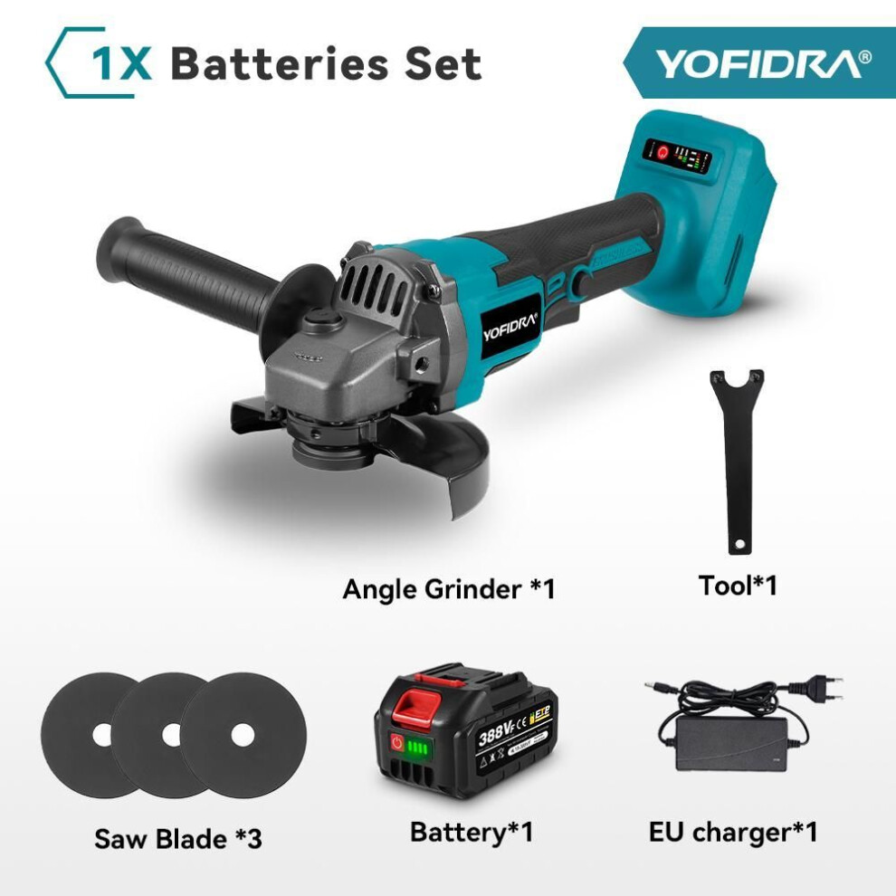 (1 Battery) Yofidra 125mm Brushless Angle Grinder 3 Gears Cordless Grinding Machine Cutting Woodworking Power Tool For Makita 18v Battery