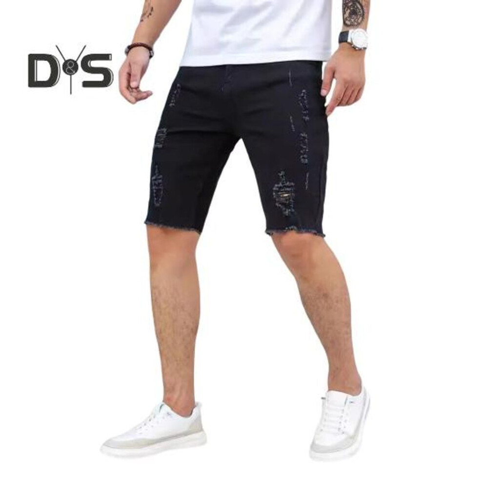 (black, L) Men Denim Shorts Straight Tapered Legs Ripped Holes Design Knee-Length Shorts Versatile Style Short Jeans