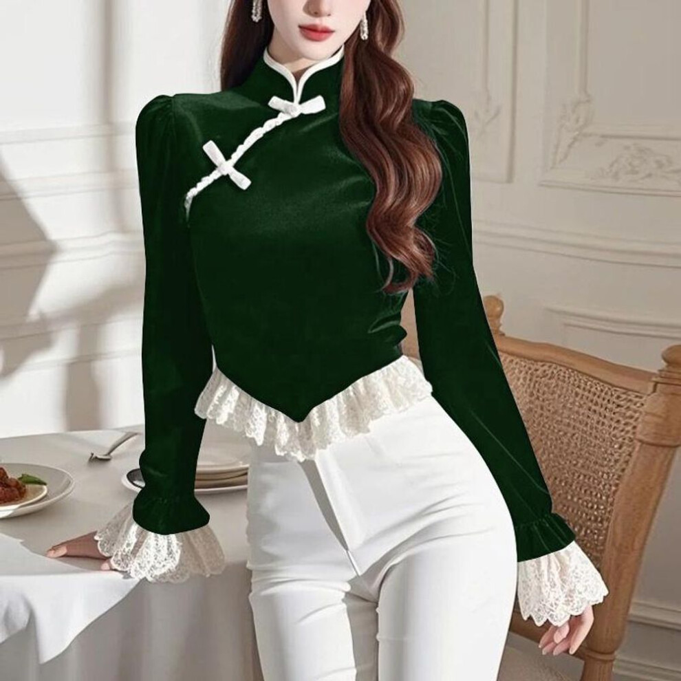 (M, green) VONDA Women Autumn Stand Collar Long Sleeve Lace Blouses