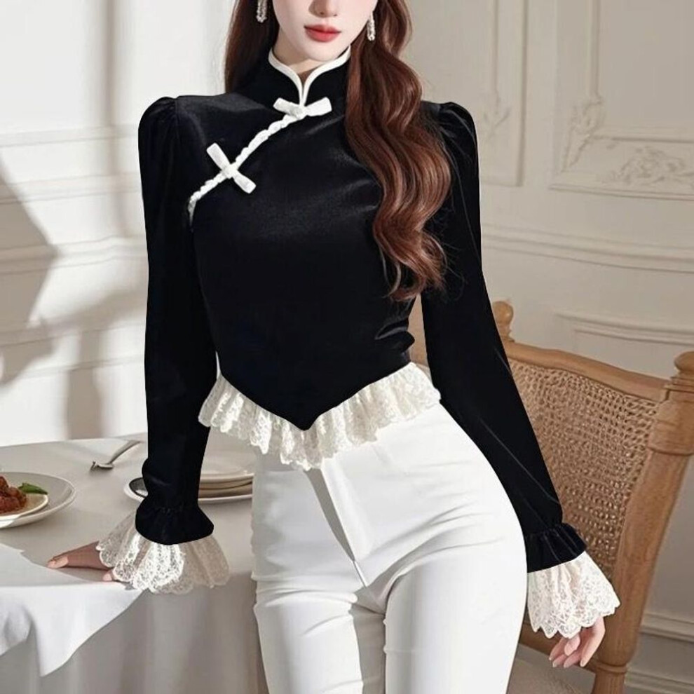 (3XL, black) VONDA Women Autumn Stand Collar Long Sleeve Lace Blouses