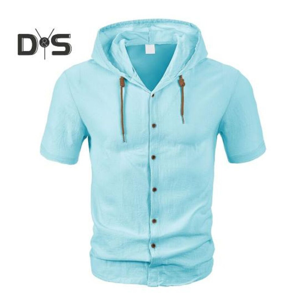 (2XL, light blue) Men's Linen Hooded Shirt Solid Color Short Sleeve Shirt Loose Fit Button Down Summer Casual Top for Beach Daily Wear Office Travel